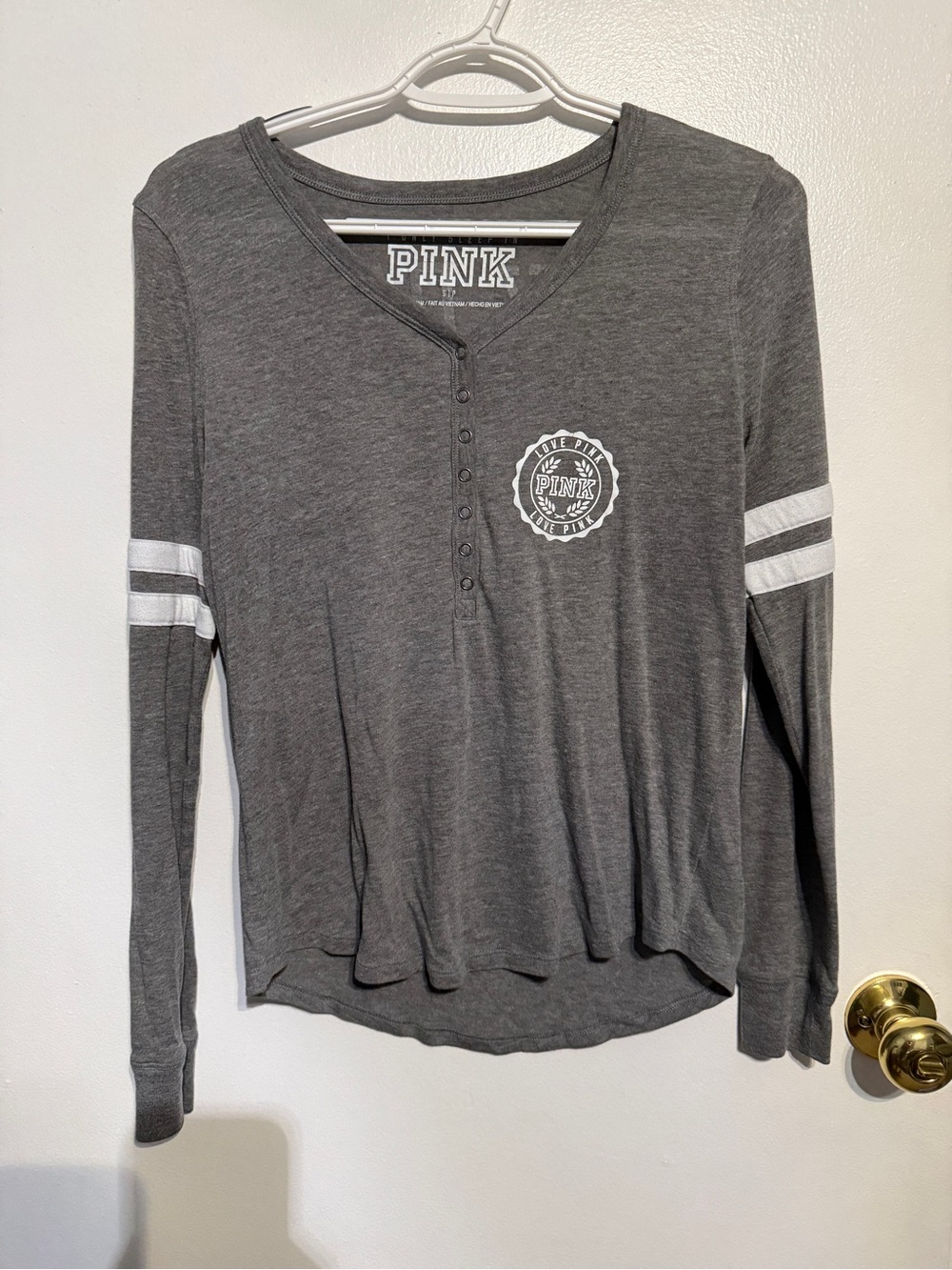 Victoria’s Secret PINK Gray Long Sleeve Henley with White Stripes